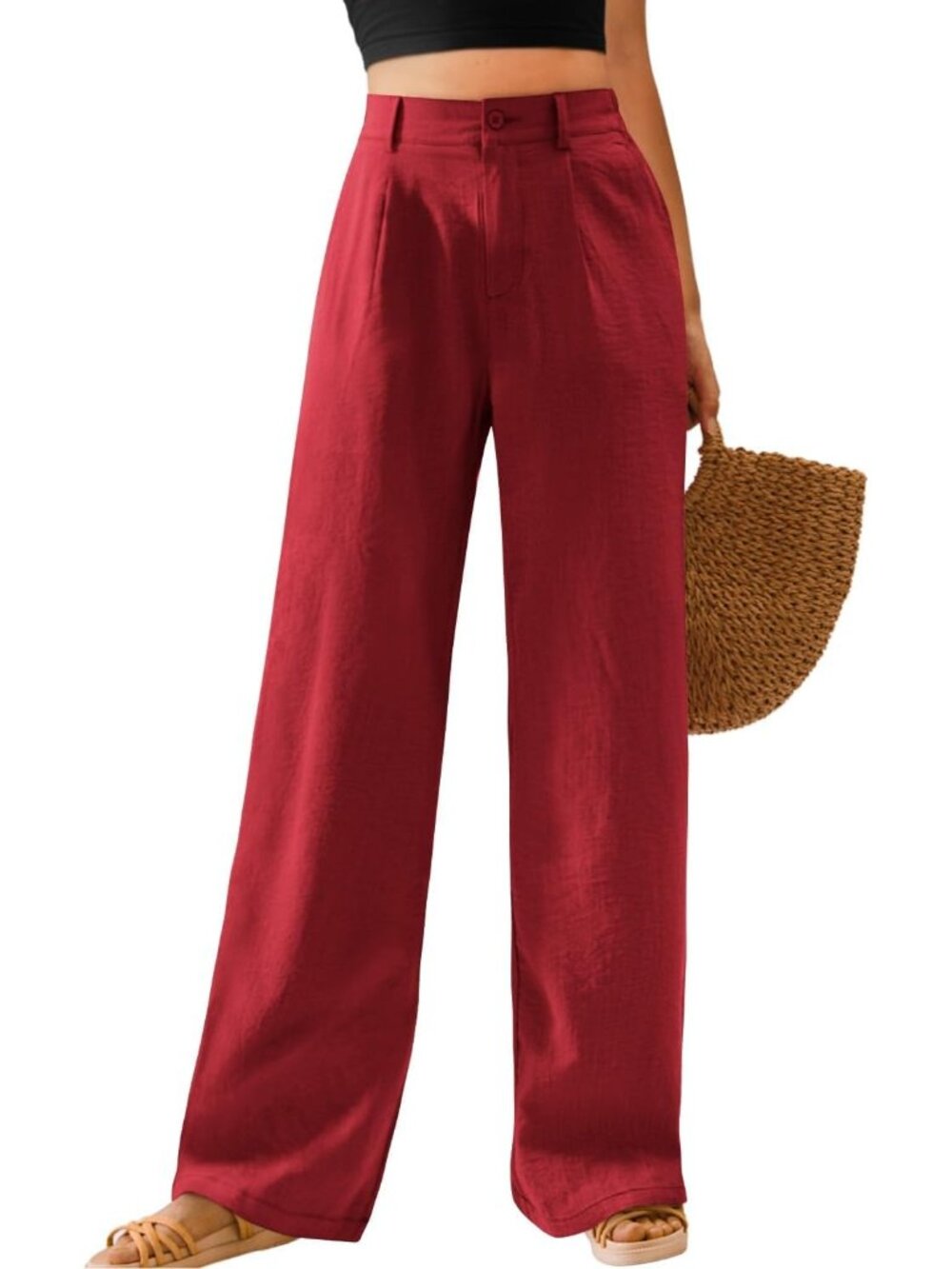 Women's  Wine Red High Waisted Button Down Straight Long Casual Wide Leg Pants